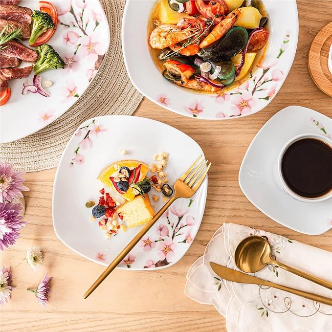 30/60-piece White Ceramic Pink Floral Porcelain Plate Set, Including 5 Dinner Plates, Soup Plates, Dessert Plates, Cups and Saucers, Serving up to 12 People, totaling 30 Pieces.,30-Piece-