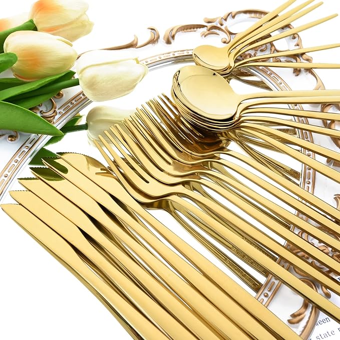 8 Piece Snplowum Flatware Set, 18/0 Stainless Steel Silverware For 2, Kitchen Wedding Gift Utensils For Couple Friend Home Daily Use, Travel Tableware Set, Mirror Gold