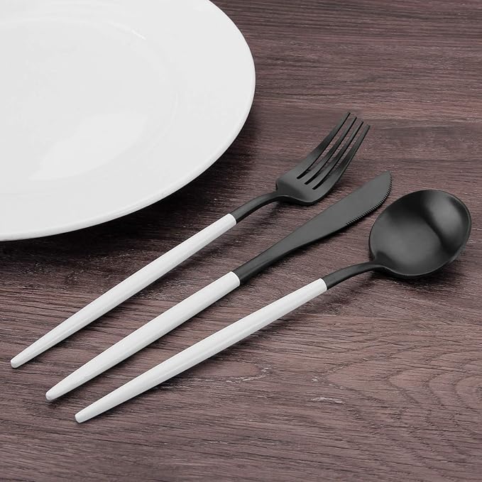 Matte Black Silverware Set with white handle, Bysta 5-Piece Stainless Steel Flatware Set, Kitchen Utensil Set Service for 1, Tableware Cutlery Set for Home and Restaurant, Dishwasher Safe