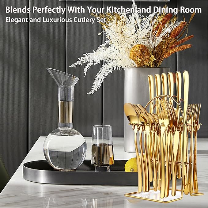 24 Pieces Flatware Set, Stainless Steel Cutlery Set with Silverware Holder, Spoons Forks Knives Set,Hanging Silverware Set Service for 6,Dishwasher Safe (Gold)