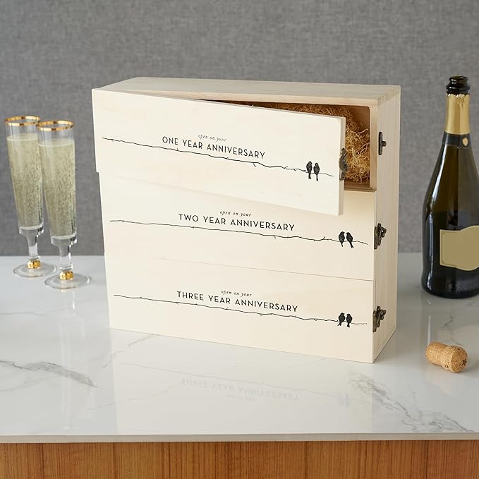 Twine Newlywed's Anniversary Wooden Gift Box with Lids and Brass Latches, Fits 3 Standard Wine Bottles, Wedding Keepsake Boxes, Decorative Storage Case for Mementos
