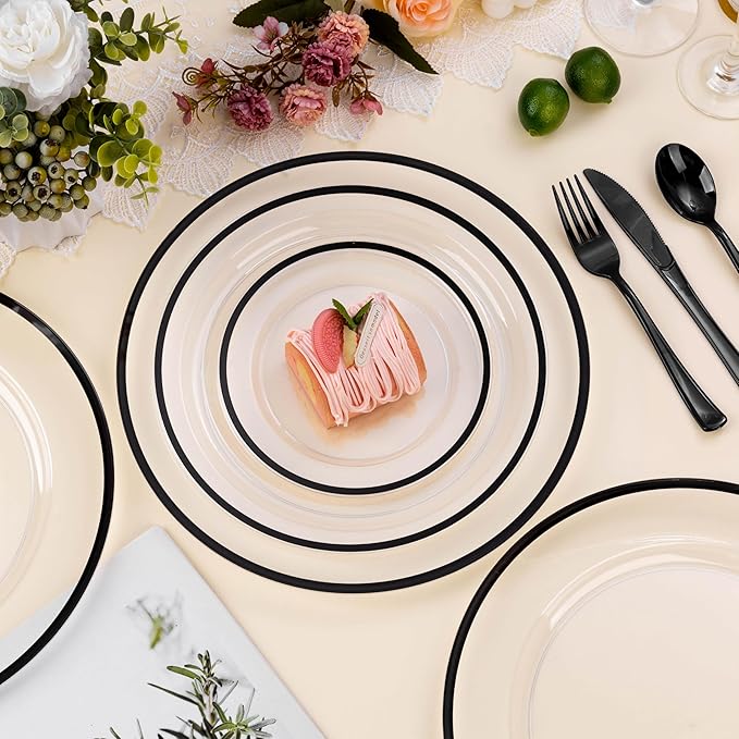 BESTSTAR 12 Inch Disposable Decor Charger Plates, 25 Pack Plastic Clear Plates with Gold Rim, Perfect Table Decor for Party, Wedding, Dinner
