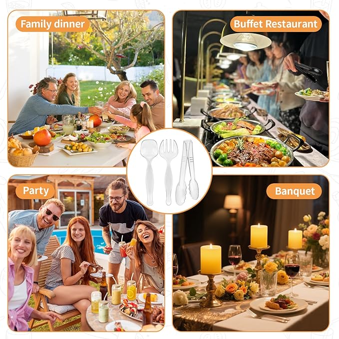 30 Pcs Clear Plastic Serving Utensils Set - Includes 10 Spoons, 10 Tongs, 10 Forks - Heavy Large Disposable Serving Utensils for Parties, Holidays & Events (Clear)