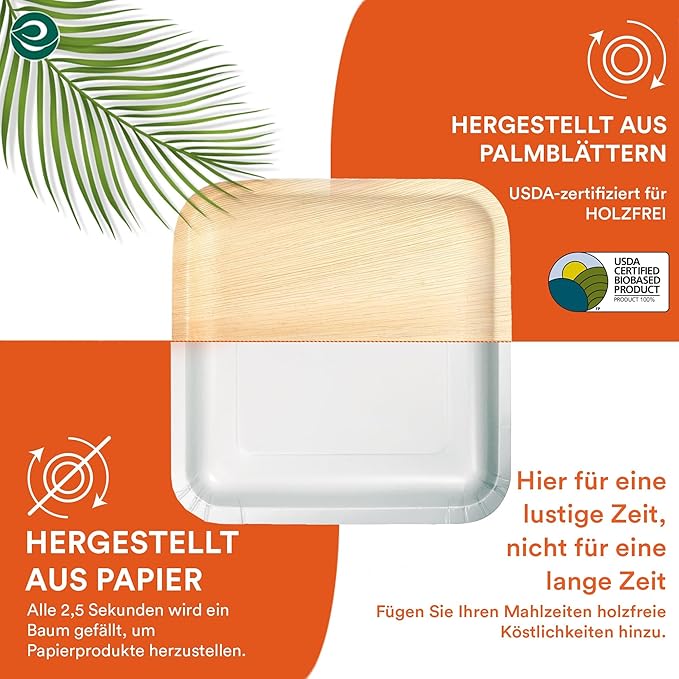 ECO SOUL Palm Leaf Disposable Bamboo Plates 10" Square Compostable & Biodegradable Party Plates for Christmas Dinner, Weddings, Parties & Events 200 Count