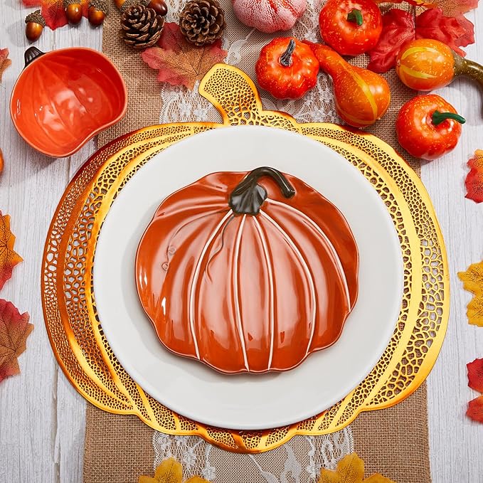 Jinei 8 Pcs Thanksgiving Fall Tableware Set Include Large Ceramic Pumpkin Shaped Plates White Dinner Ceramic Plates Small Pumpkin Shaped Bowls and Place Mats for Autumn Halloween Table Party Decor