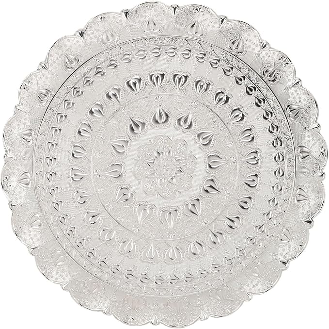 Vintage Tea Coffee Serving Tray Round Metal Beverage Tray with Embossed Pattern for Coffee Tea Desserts Jewelry Gifts 13.8in (Silver)