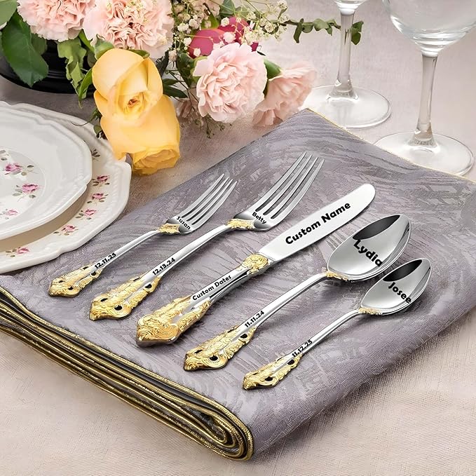 [5 Pack] Personalized Luxury Flatware Set, Customized Engraved with Name Dates Stainless Steel Tableware with Gold Accents, Custom Cutlery Kit Vintage Antique Baroque Silverware Gift for Party Favors