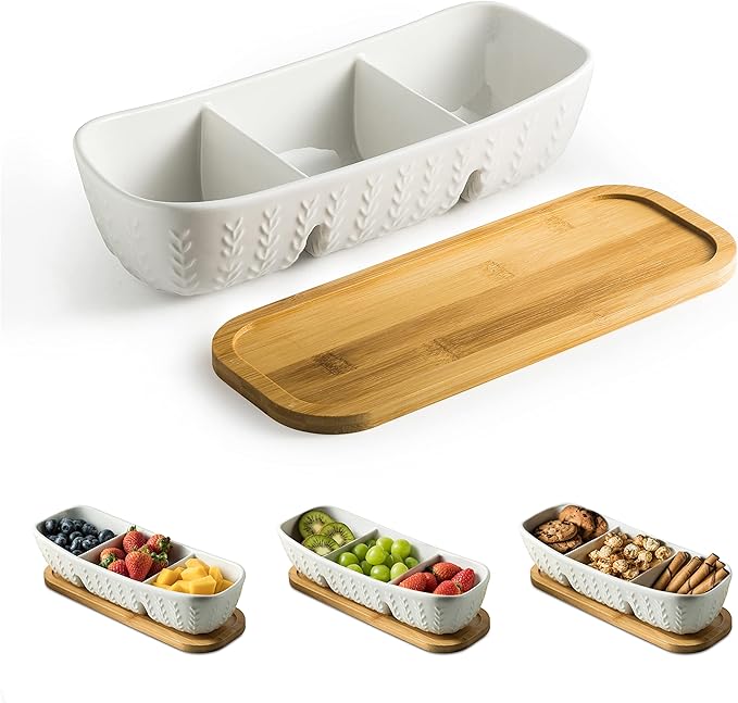 Chip and Dip Serving Set with Acacia Wood Serving Tray, Majolica Salsa Turtles - Condiment Tray for Snacks, Appetizers, Charcuterie, Candy, Food, Divided Party Serving Trays