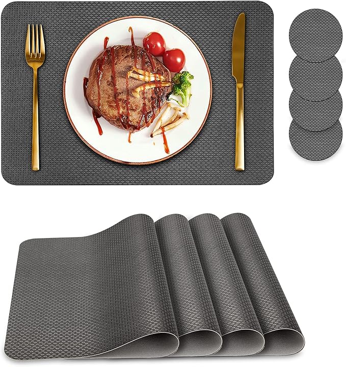 Bacgnyer Placemats Set of 4, Placemat with Coasters Heat Stain Scratch Resistant Non-Slip Waterproof Oil-Proof Washable Wipeable Outdoor Indoor for Dining Patio Table Kitchen Decor and Kids (Grey 4)