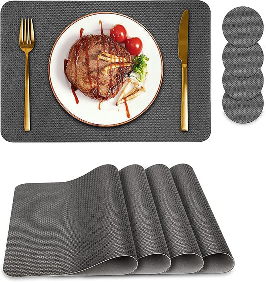 Bacgnyer Placemats Set of 4, Placemat with Coasters Heat Stain Scratch Resistant Non-Slip Waterproof Oil-Proof Washable Wipeable Outdoor Indoor for Dining Patio Table Kitchen Decor and Kids (Grey 4)