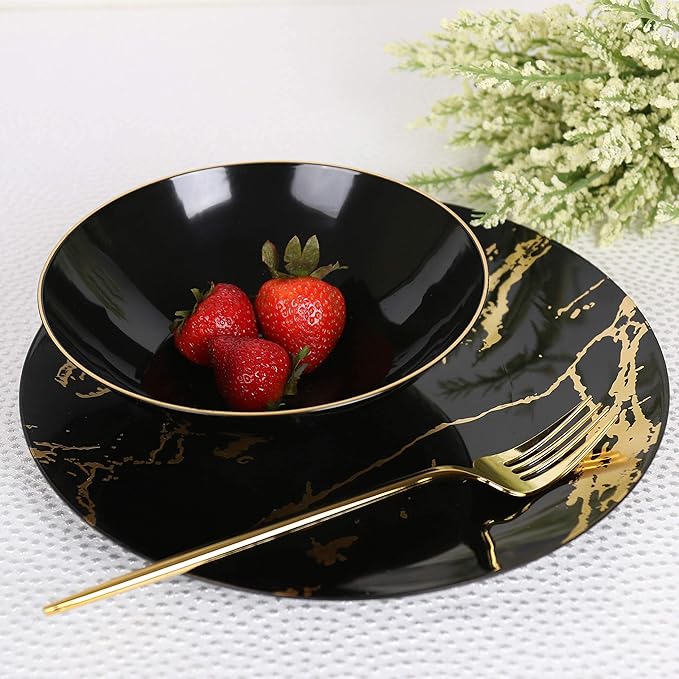 [16 OZ 40 Count] Black Plastic organic Party Soup bowls With Gold Rim Premium heavyweight Elegant Disposable Tableware Dishes