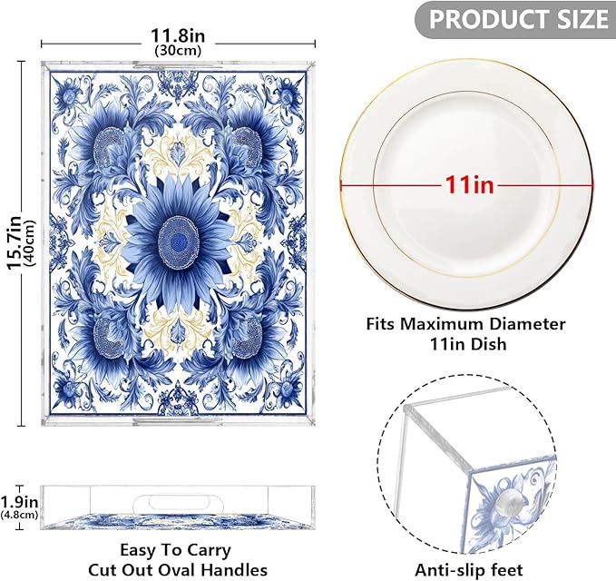 Serving Tray with Handles Clear Acrylic Tray 12x16 Inch Decorative Rectangular Tray Organizer for Ottoman Coffee Table Bathroom Sunflowers Blue and White