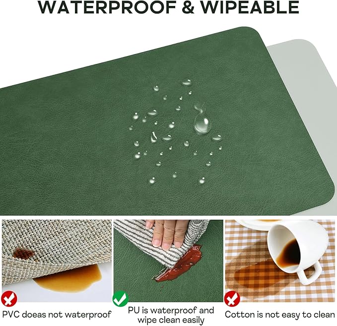 Faux Leather Placemats Set of 6, Vinyl Placemats Wipeable Waterproof Oil-Proof Table Mats, Heat Resistant Place Mats for Kitchen Indoor Outdoor, 16.9 x 11.8 Inch (Green/Grey)