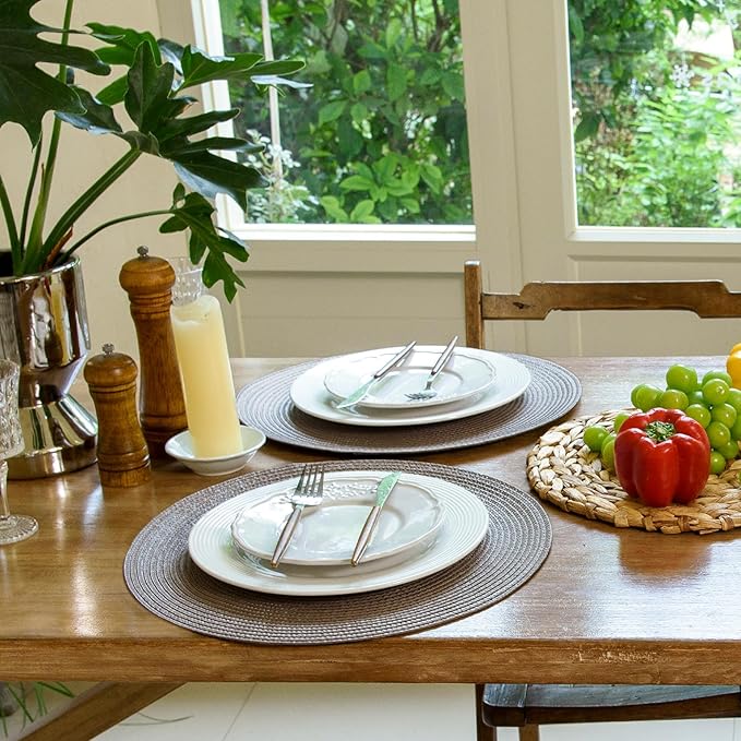 FunWheat Round Braided Placemats Set of 8 Table Mats for Dining Tables Woven Washable Non-Slip Place mats 15 inch(Taupe, 8pcs)