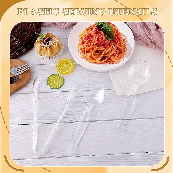 Mwellewm 36Pcs Serving Utensils 9'' Large Plastic Serving Utensils Set Serving Spoons for Buffet Clear Disposable Plastic Tongs Heavy Duty Slotted Spoons/Forks Supplies for Party Food Salad Soup