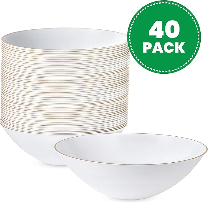 [16 OZ 40 Count] White Plastic Organic Party Soup bowls With Gold Rim Premium heavyweight Elegant Disposable Tableware Dishes