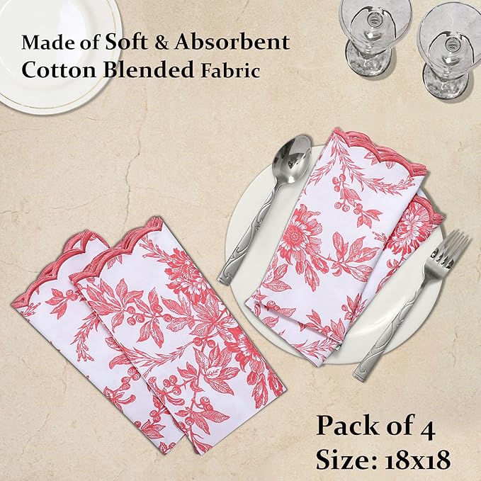 Ridhi Hand Block Print Peach Coral 18" x 18" (Set of 4) Embriodery Table Napkins Reusable Cotton Dinner Napkins for Weddings, Parties, Everyday Dining Gift for Spring, Easter, Valentine