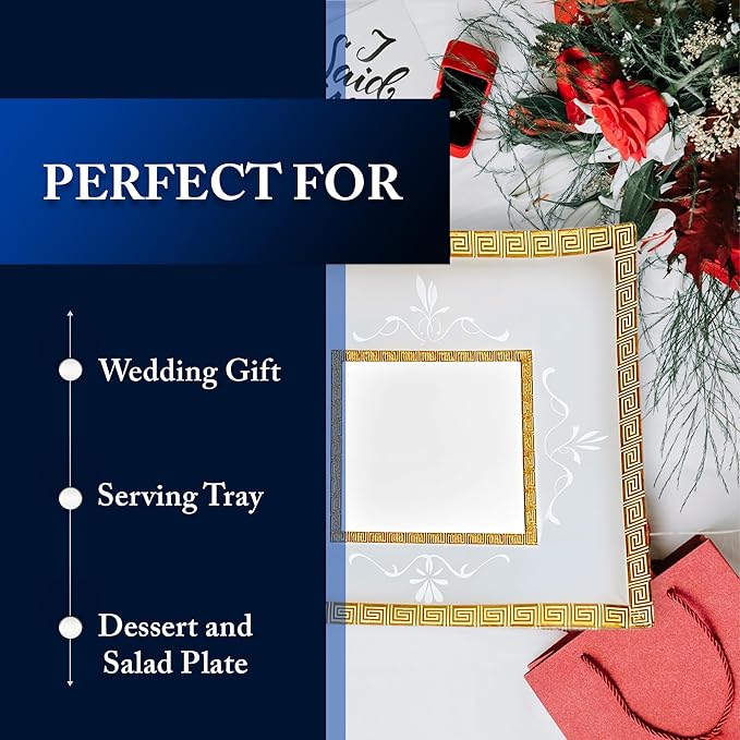 Square Tempered Glass Serving Tray – 13-Inch Decorative Platter with Gold Trim, Durable, Microwave Oven & Dishwasher Safe Food Tray for Serving Dishes, Snacks & Desserts, Ideal Gift for Mothers