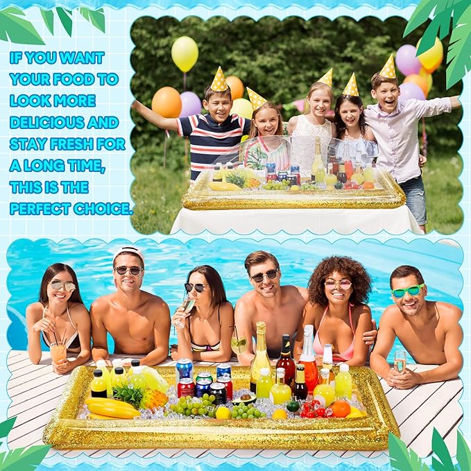 8 Pcs Glitter Inflatable Serving Bar Kit Includes 2 Salad Buffet Tray with Drain Plug 5 Mesh Food Cover 1 Inflator Inflatable Food Drink Containers for Outdoors Pool Party Camping(Gold)