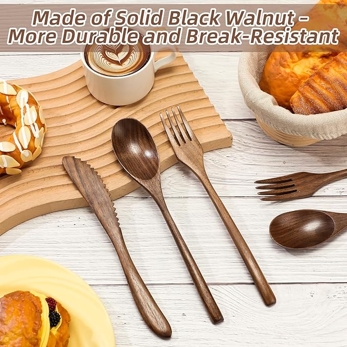 Geiserailie 12 Pcs Wooden Utensils for Eating Set Wooden Spoon Fork Knife Cutlery Set Kitchen Wood Utensils Dinner Flatware Tableware (Walnut Wood)