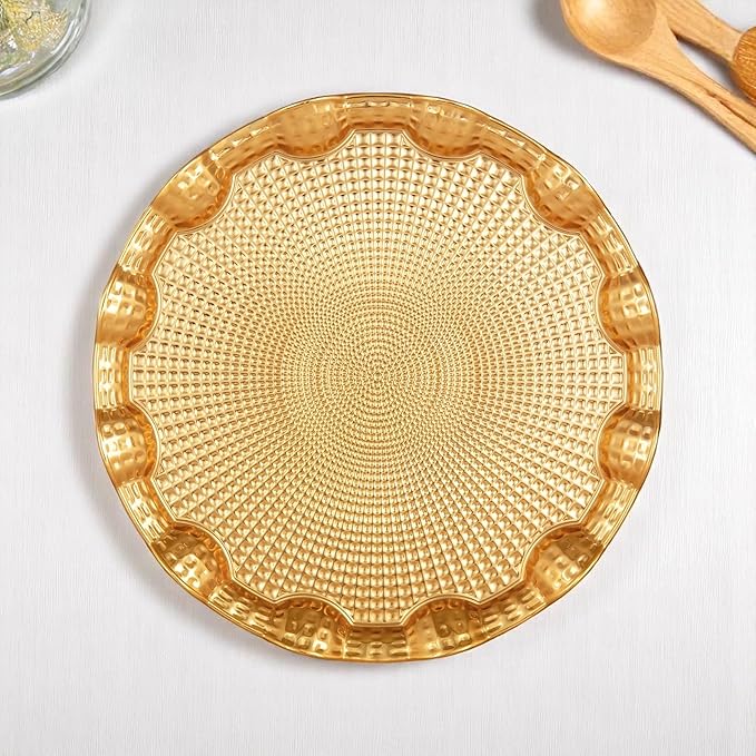 Alisveristime Round Metal Serving Tray for Two – Ottoman Motif, (9.8" Diameter, 10.2 oz) (Gold)