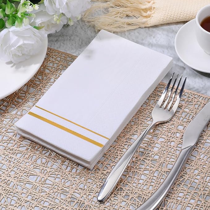 200 Pcs Disposable Napkins 3 Ply White and Gold Trim Napkins Soft Absorbent Paper Guest Towels for Bathroom Wedding Dinner Anniversary Bridal Baby Shower Birthday Party