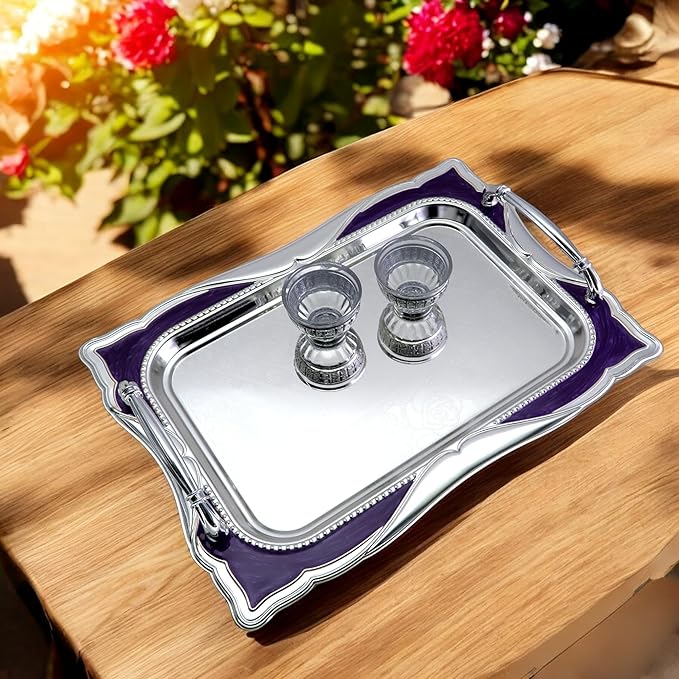 14.2 inch x 10.2 inch Rectangular Chrome Plated Silver Serving Tray with Handles Iron Purple Floral Engraved Decorative Wedding Dessert Buffet Wine Decor Platter Plate FST-034