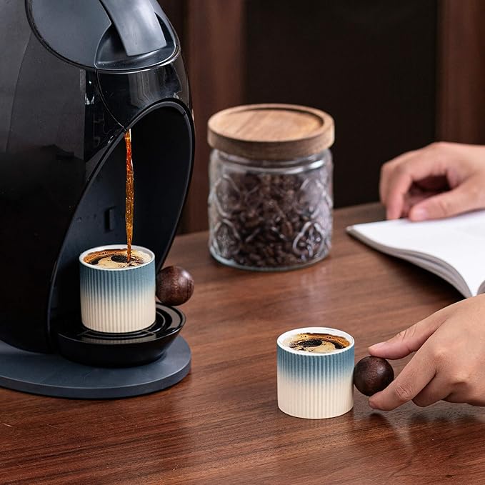 CLASGLAZ Ceramic Mini Espresso Cups Demitasse Cups with Round Wooden Handle Vertical Stripes Tea Cups (Beige&Blue, 2pcs)