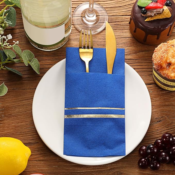 Roshtia 100 Pack Dinner Napkins Disposable Linen Feel Dinner Napkins with Built-in Flatware Pocket Gold Trim Lined Pre Folded Paper for Wedding Party (Royal Blue,Gold)