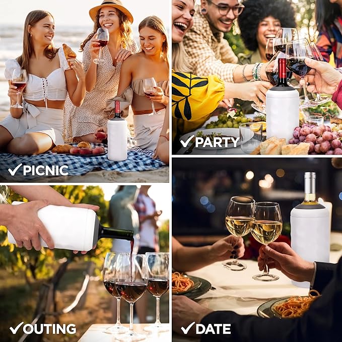 Premium Wine Chiller - 750ml Stainless Steel Wine Bottle Cooler, Vacuum Insulated & Double-Walled - Keeps Wine Cold for 6+ Hours - Champagne Chiller Sleeve for Most Bottles - White