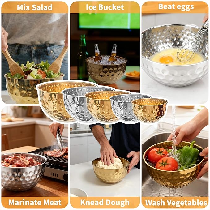 5-Piece Stainless Steel Mixing Bowls Set, Metal Hammered Gold Mixing Bowls for Kitchen, Cooking, Baking, Salad Prep, Food Storage, Reusable Nesting Design, 1.6-4.9 QT Capacity, Dishwasher Safe