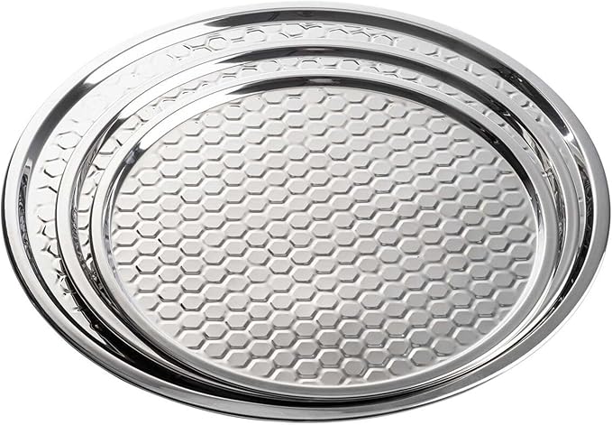 TableCraft 12846 Hive Collection Round Serving Tray, Stainless Steel with Mirror Honeycomb Pattern, Flat Display Tray for Catering & Buffet Service, 16 x 16 x 0.25 Inches