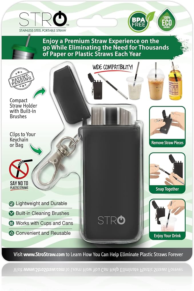 STRO Portable Reusable Metal Straw with Travel Case & Built-in Cleaning Brush, Stainless Steel Straws Drinking Straw for 20 and 30 oz Tumblers, Cans, Bottles, Cups