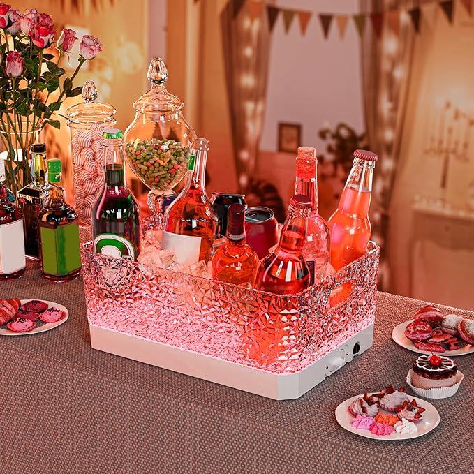 Plastic Ice Bucket Beverage Tubs for Parties, 15Liter / 4 Gallon Large Clear Drink Tub for Champagne Beer Drink Wine Cocktails, 7 Colors LED Light Up with Remote, Leakproof
