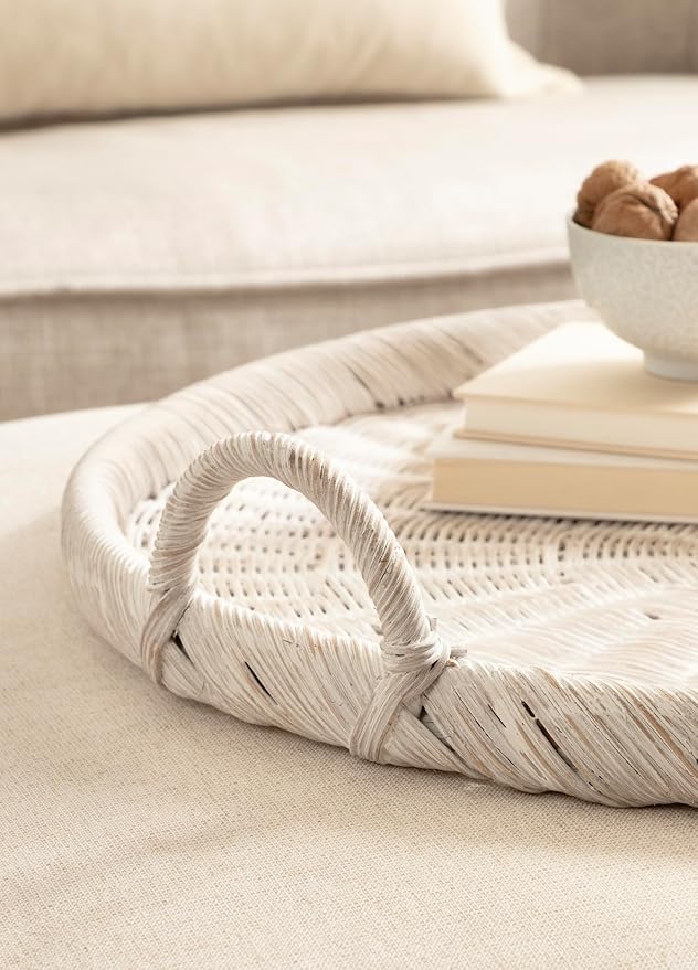 Kate and Laurel Cormont Modern Round Woven Rattan Tray with Handles; 23 Inch Diameter; Whitewash Rattan; Decorative Circle Boho Tray for Use as Versatile Ottoman Tray or Serving Platter