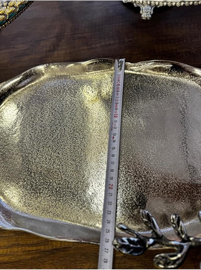 Oval Metal Cast Decorative Tray Silver Color, 16.1x10.2 Inch Serving Tray, Ottoman Style Coffee Table Tray for Home Decor and Parties - Silver, One Size