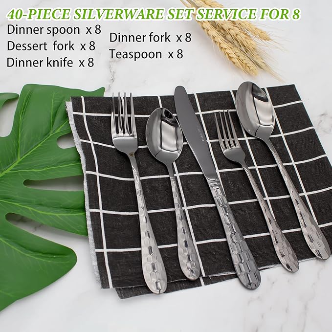 40PCS Black Silverware Set for 8, 18/10 Stainless Steel Flatware for 8, Elegant Honeycomb Design Tableware Cutlery Include Knife/Fork/Spoon Service for 8, Mirror Polished, Dishwasher Safe (Black)…