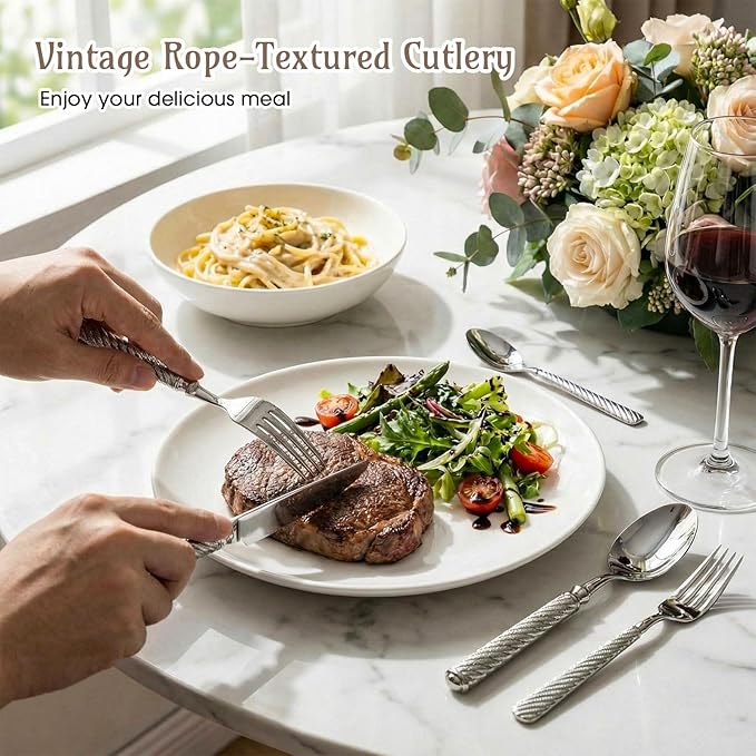 20 Pcs Retro Sliver Silverware Set for 4 Handcrafted Vintage Rope-texture 18/10 Stainless Steel Flatware Set Metal Serving Utensils Mirror Polished Cutlery for Restaurant, Dishwasher Safe
