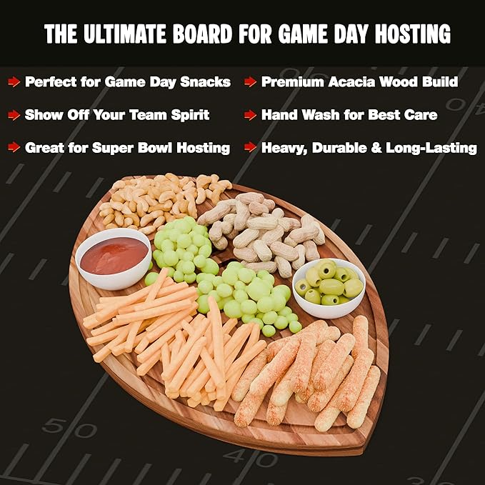 New – Giant Football Shaped Cutting Board – Jumbo Size Acacia Wood Charcuterie Tray – Extra Large Wooden Football Serving Platter for Super Bowl Parties, Tailgate Hosting & Gifts