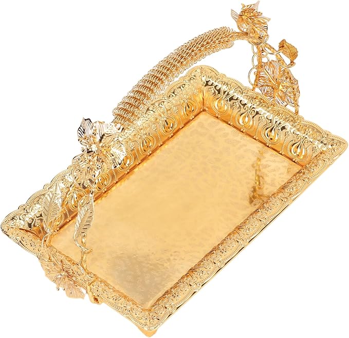 Dioche Vintage Style Coffee Serving Tray - Elegant Gold Color Zinc Alloy Metal Serving Tray for Home, Bar & Cafe - Decorative Tea, Appetizer, & Platter Use