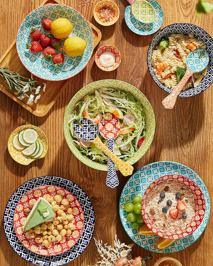 Ceramic Salad Servers, 9" Salad Spoon and Fork Set, Salad Tongs for Mixing, Tossing, Cooking and Stirring, Dishwasher & Microwave Safe, Set of 2, Yellow & Blue