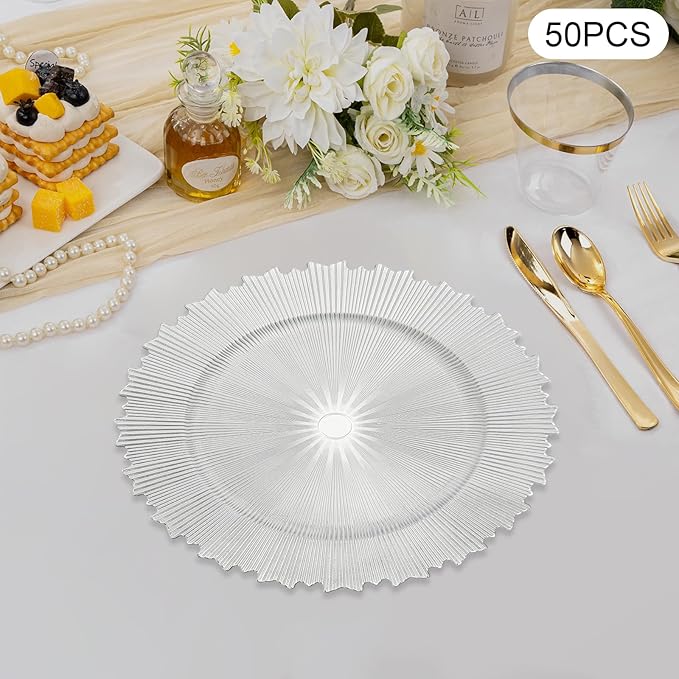 50 Pcs Antique Charger Plates Bulk 13 Inch Embossed Rim Plastic Party Dinner Plate Chargers Round Decorative Server Plate for Wedding Party Event Tableware (50pcs-silver)