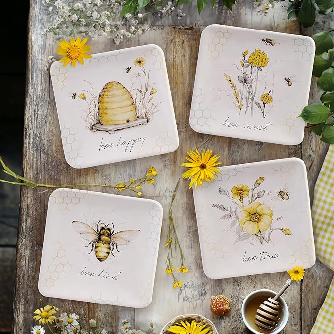 Bee Sweet 6" Canapé & Luncheon Plates, Set of 4 – Assorted Bee & Floral Designs with Uplifting Sayings, Durable Ceramic Appetizer Plates for Spring Entertaining & Cottagecore Décor |(Pack of 3)