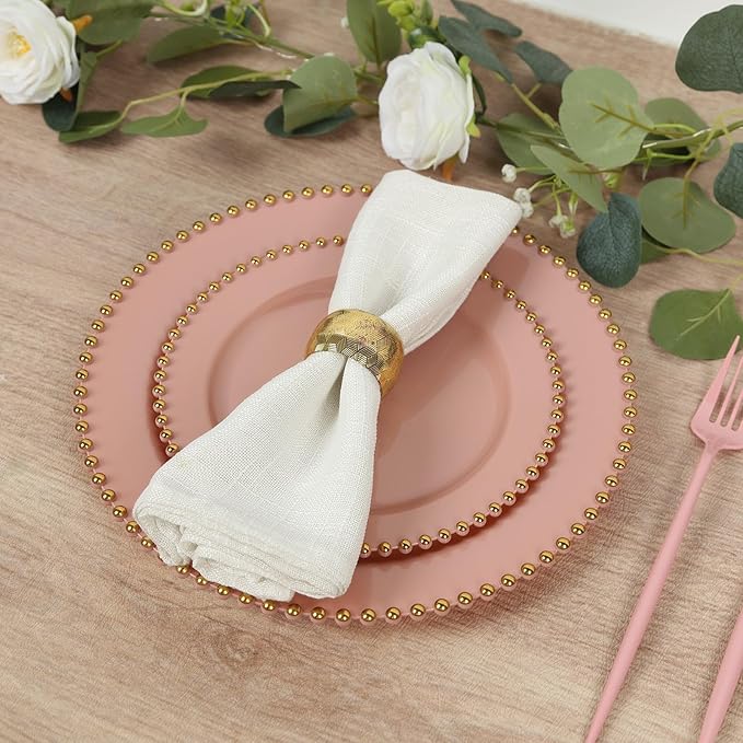 8" Salad Plates - Set of 10 - Plastic Dusty Rose Round Disposable Dessert Appetizer Plate with Gold Beaded Rim, Ideal for Dinner Party Wedding Bulk Events