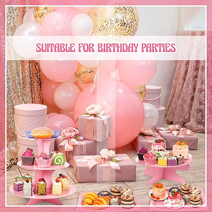 Zopeal 7 Pieces Cake Stand Set 3-Tier Cardboard Cupcake Stand 1-Tier Cupcake Display Round Rectangle Serving Tray Reusable Platters Cupcake Holders for Desserts Birthday Party(Pink)