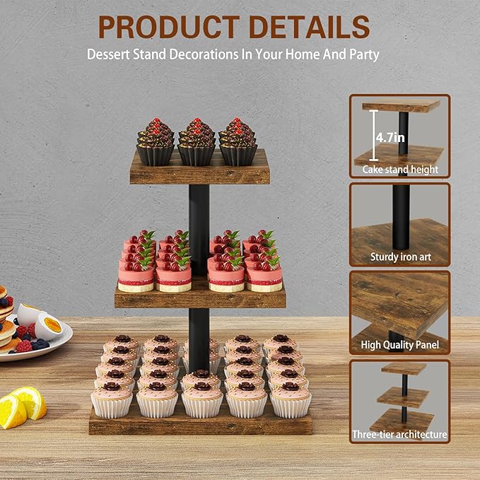 IBUYKE 3 Tier Cupcake Stand,Wood Durable Cupcake Tower,Square Serving Dessert Display Stand,Cupcake Tray Stand,Dessert Tree Tower for Christmas Birthday,Home Party, Wedding, Baby Shower,Rustic Brown UTLJ014H