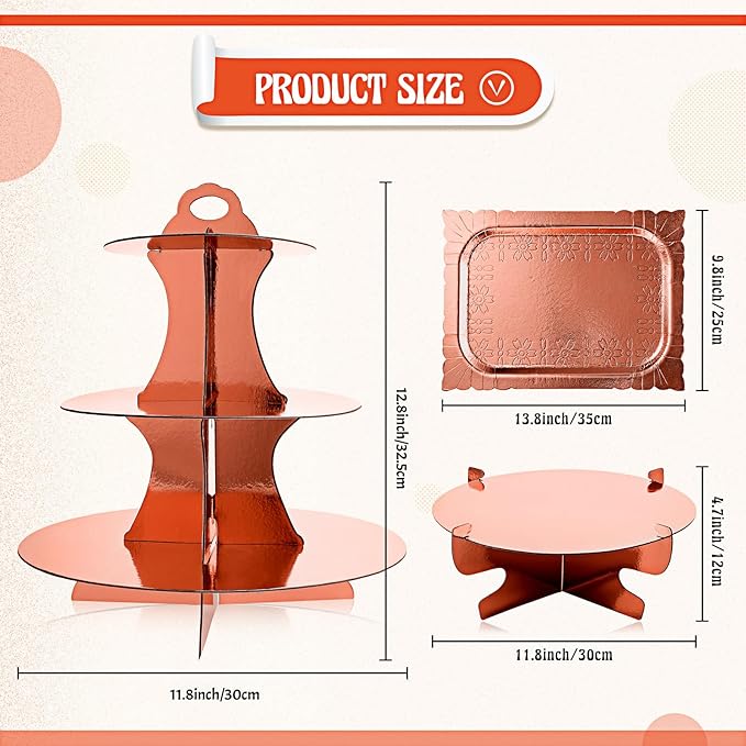 Zopeal 7 Pcs Dessert Table Display Set 3-Tier Cupcake Stand 1-Tier Cup Cake Display Tower Platters and Serving Trays Cardboard Cake Cookie Holders for Wedding Birthday Party Baby Shower(Rose Gold)