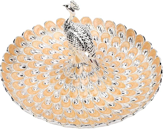Zerodis Decorative Peacock Serving Tray, Zinc Alloy Fruit Platter, Elegant Storage Centerpiece for Home Kitchen Table, Snacks Cookies Display (Silver Orange)