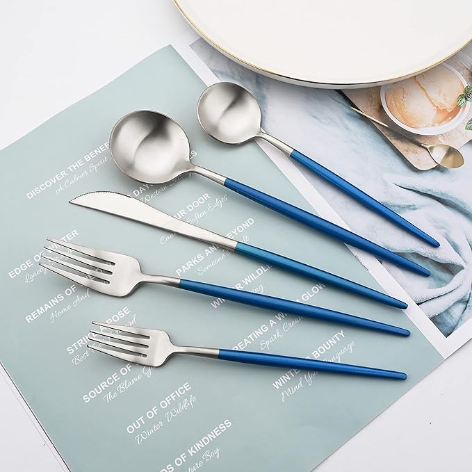 18/10 Stainless Steel Matte Flatware Set (4, Blue Silver)