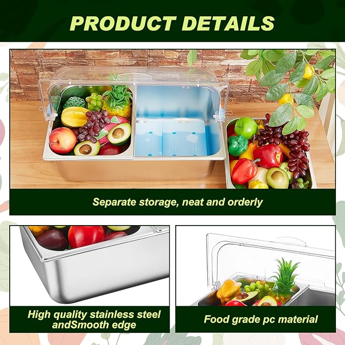 Tessco for you 16 Pcs Ice Food Spice Serving Display Countertop Chilled Condiment Container Set with Lid, Stainless Steel Salad Cold Caddy for Buffet Restaurant Kitchen Party(2 Compartments)